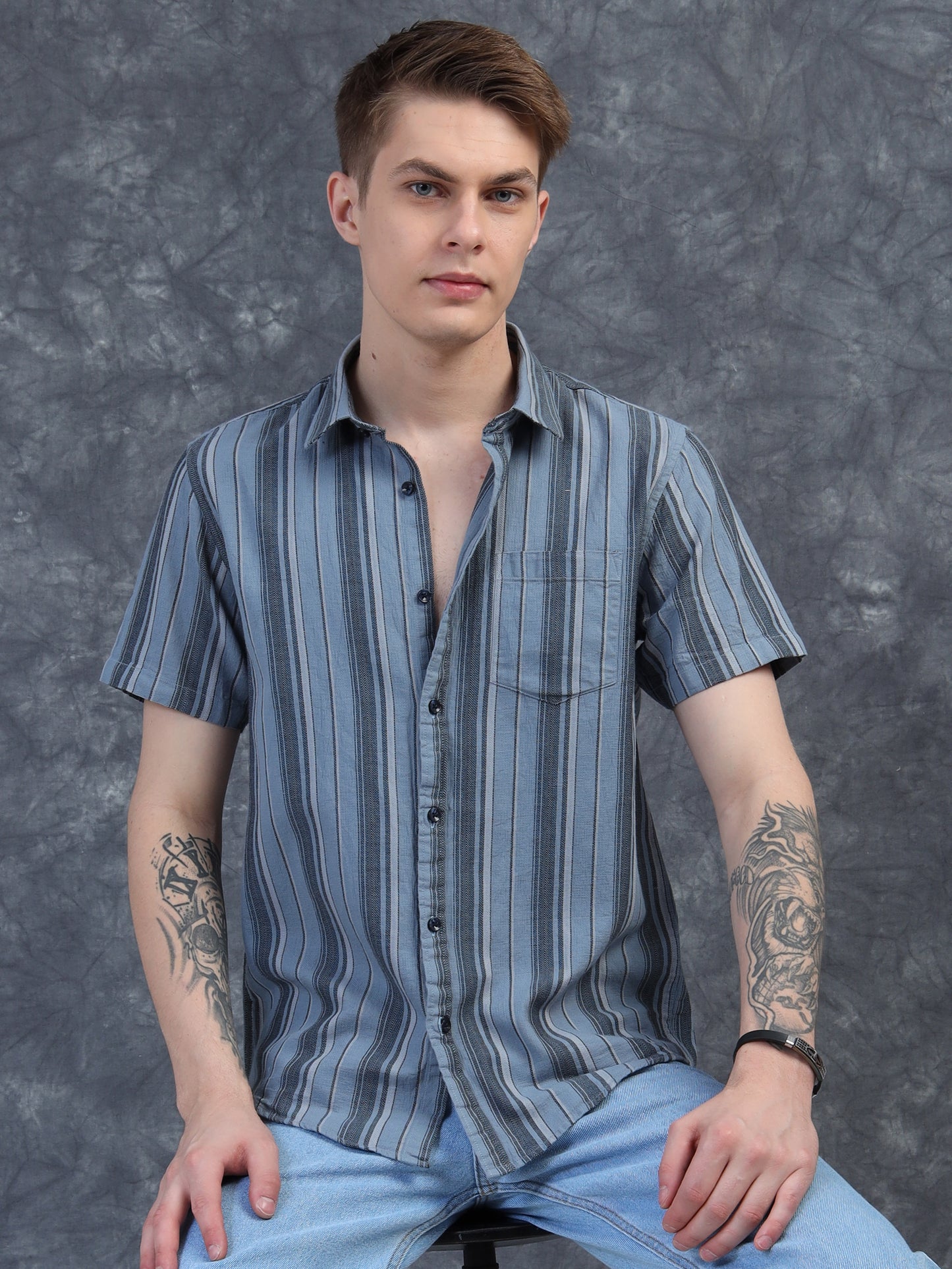Blue Strips Cotton Half Sleeve Shirt
