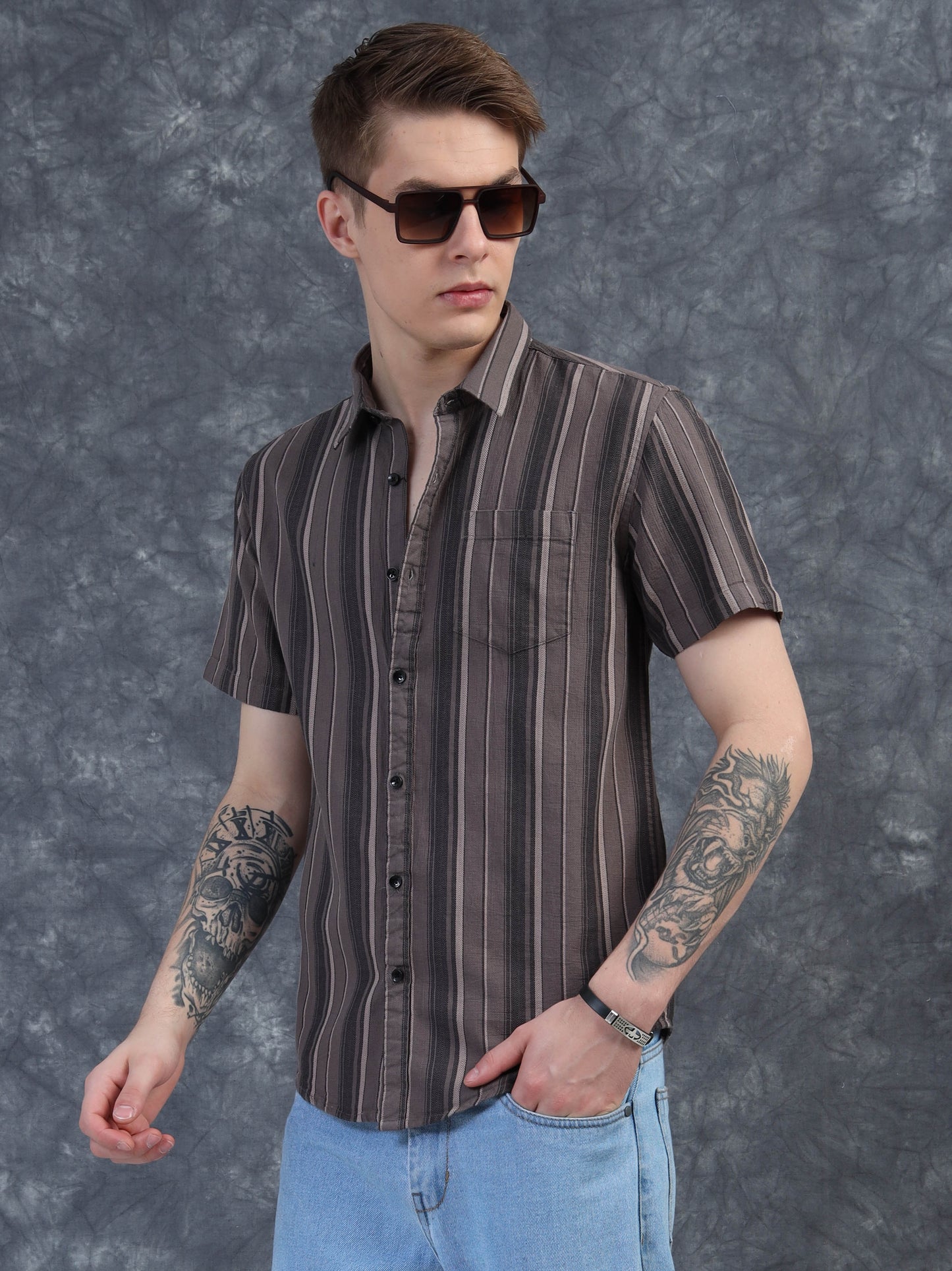 beige Strips Cotton Half Sleeve Shirt