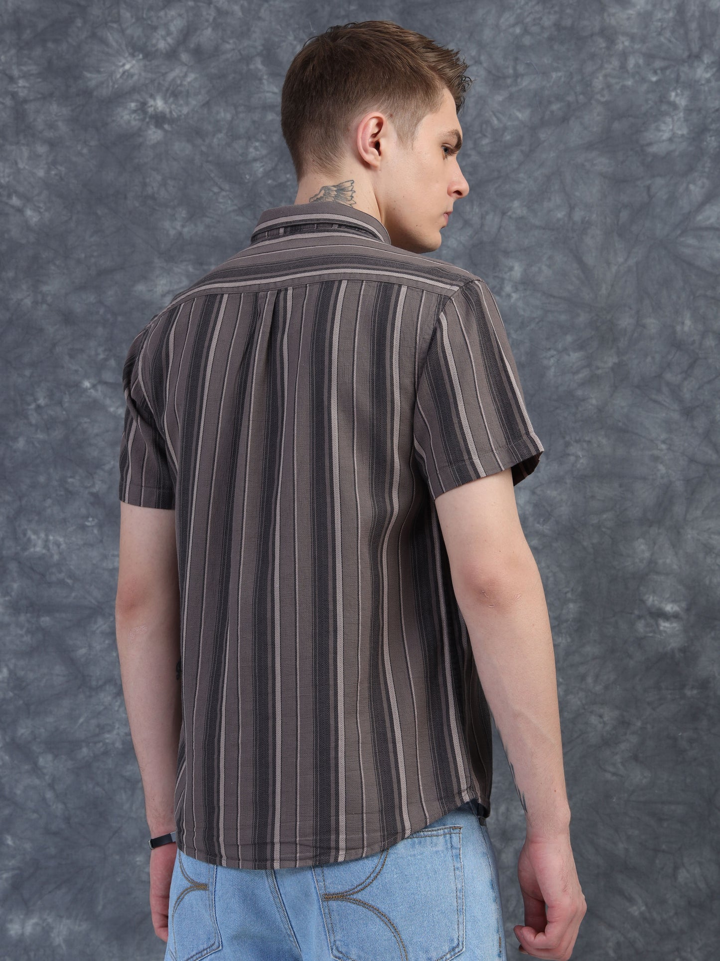 beige Strips Cotton Half Sleeve Shirt