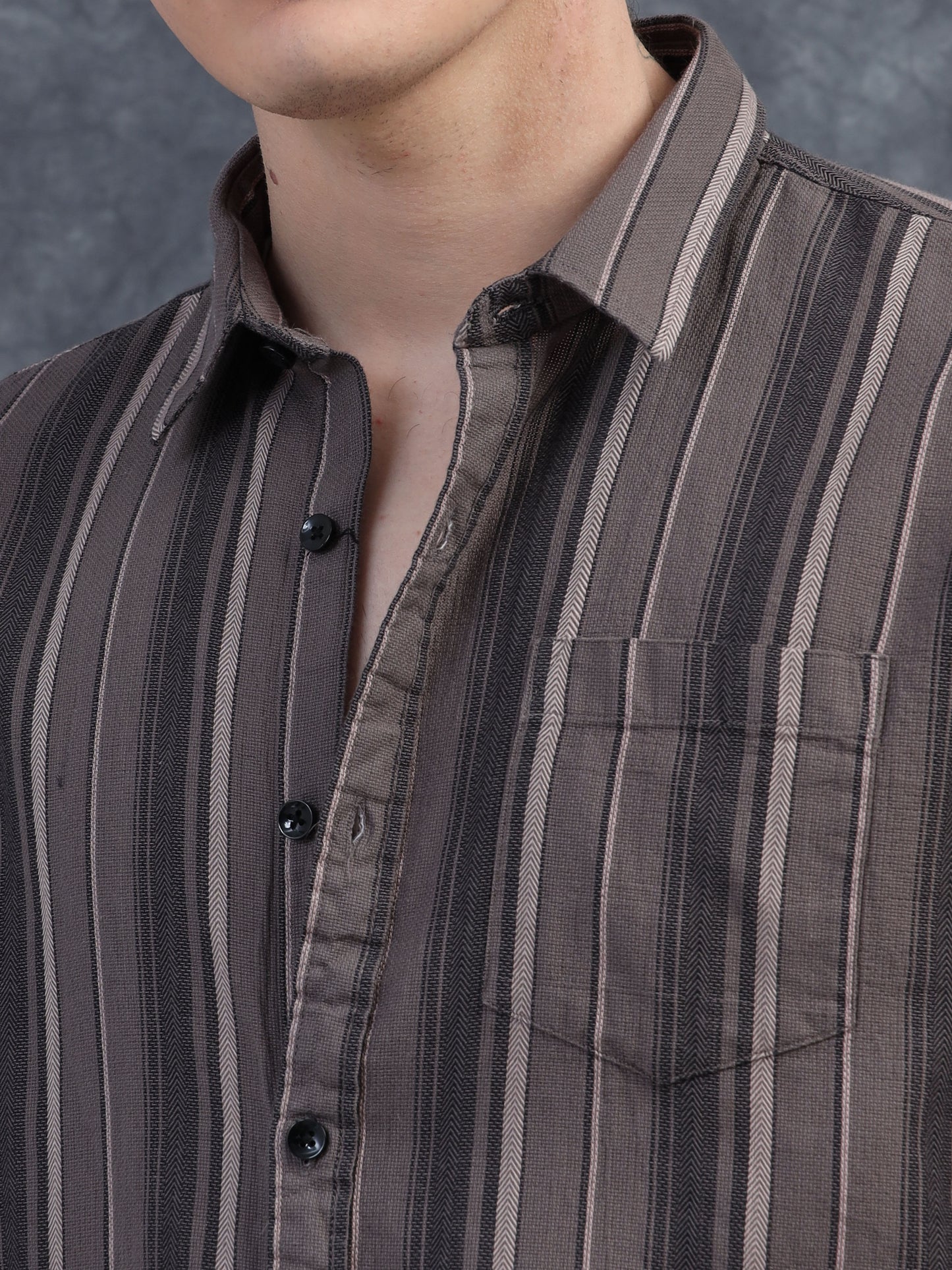 beige Strips Cotton Half Sleeve Shirt