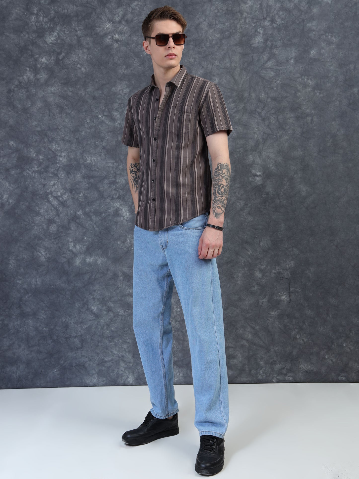 beige Strips Cotton Half Sleeve Shirt