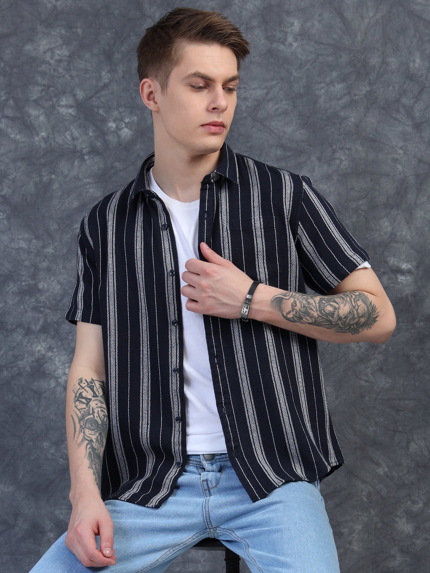 black striped short-sleeve shirt