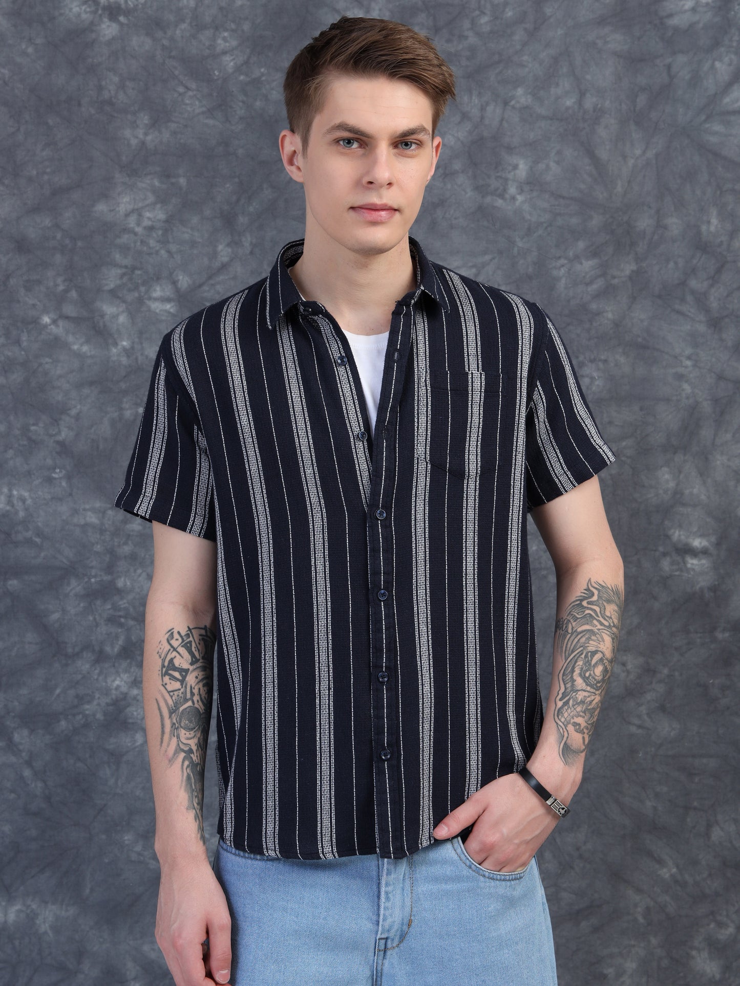black striped short-sleeve shirt