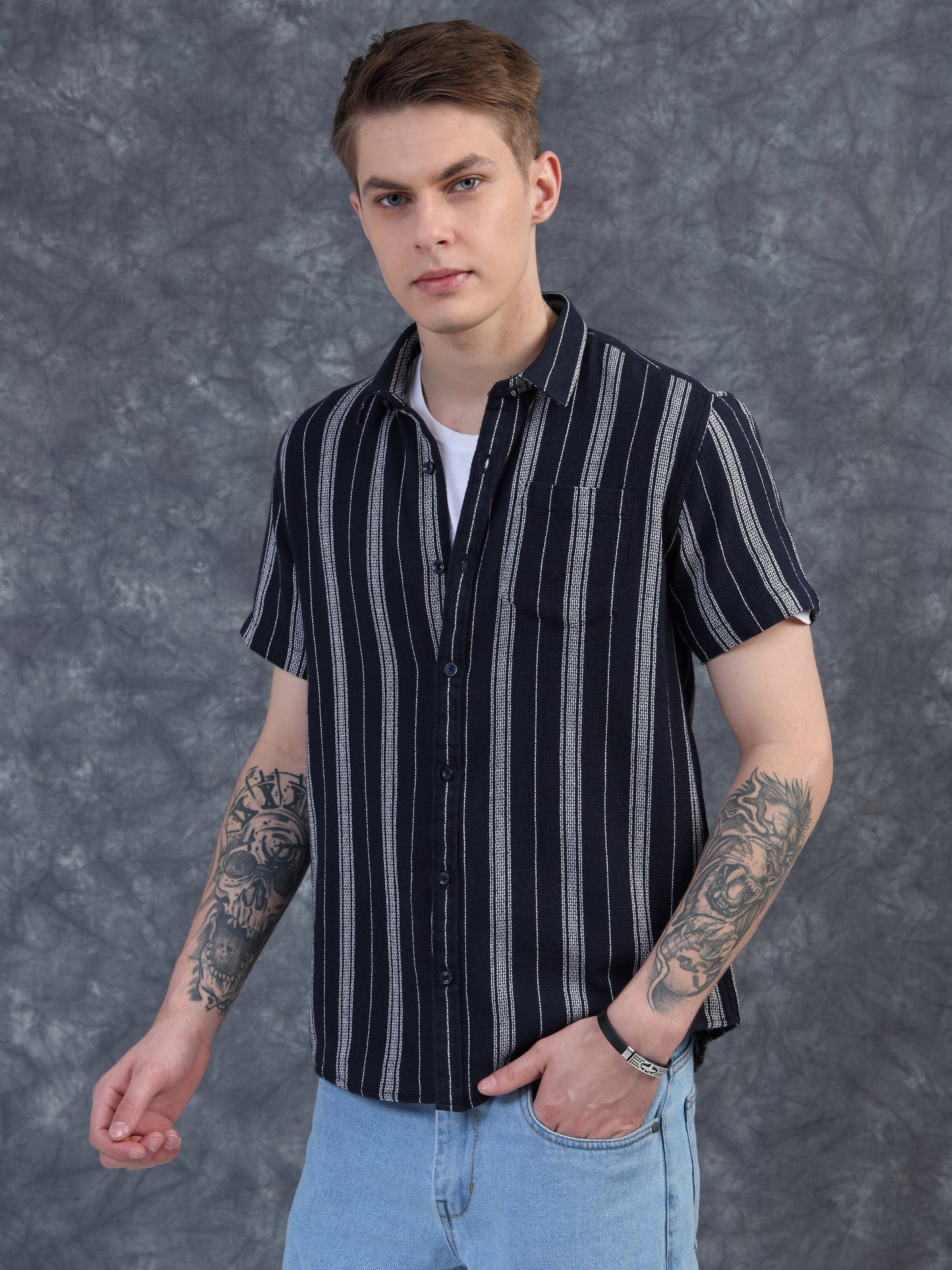 black striped short-sleeve shirt