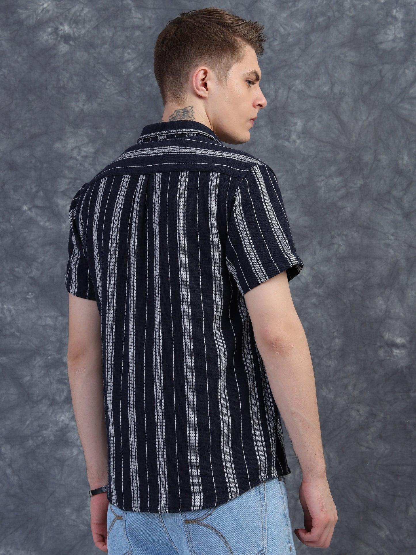 black striped short-sleeve shirt
