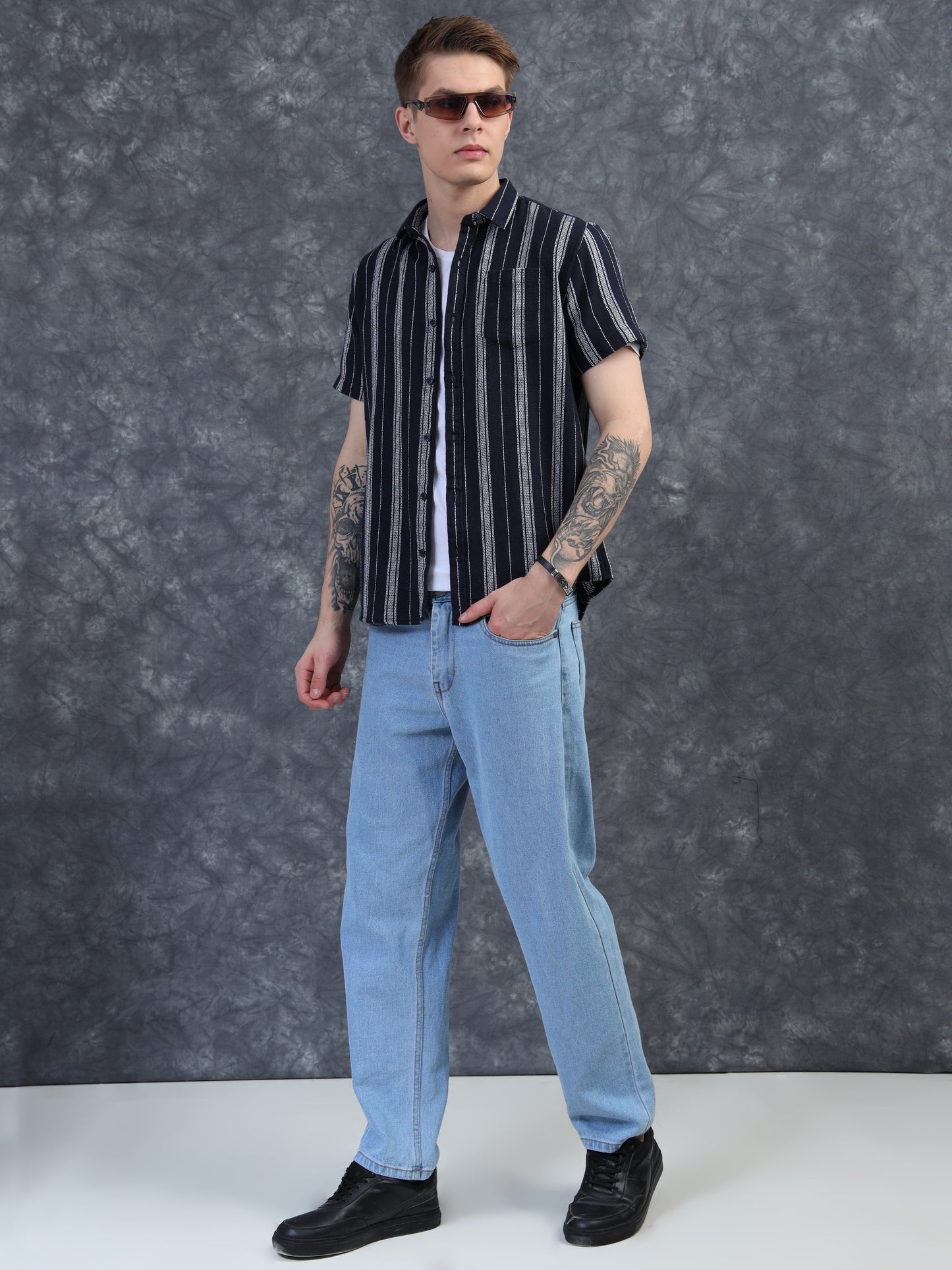 black striped short-sleeve shirt