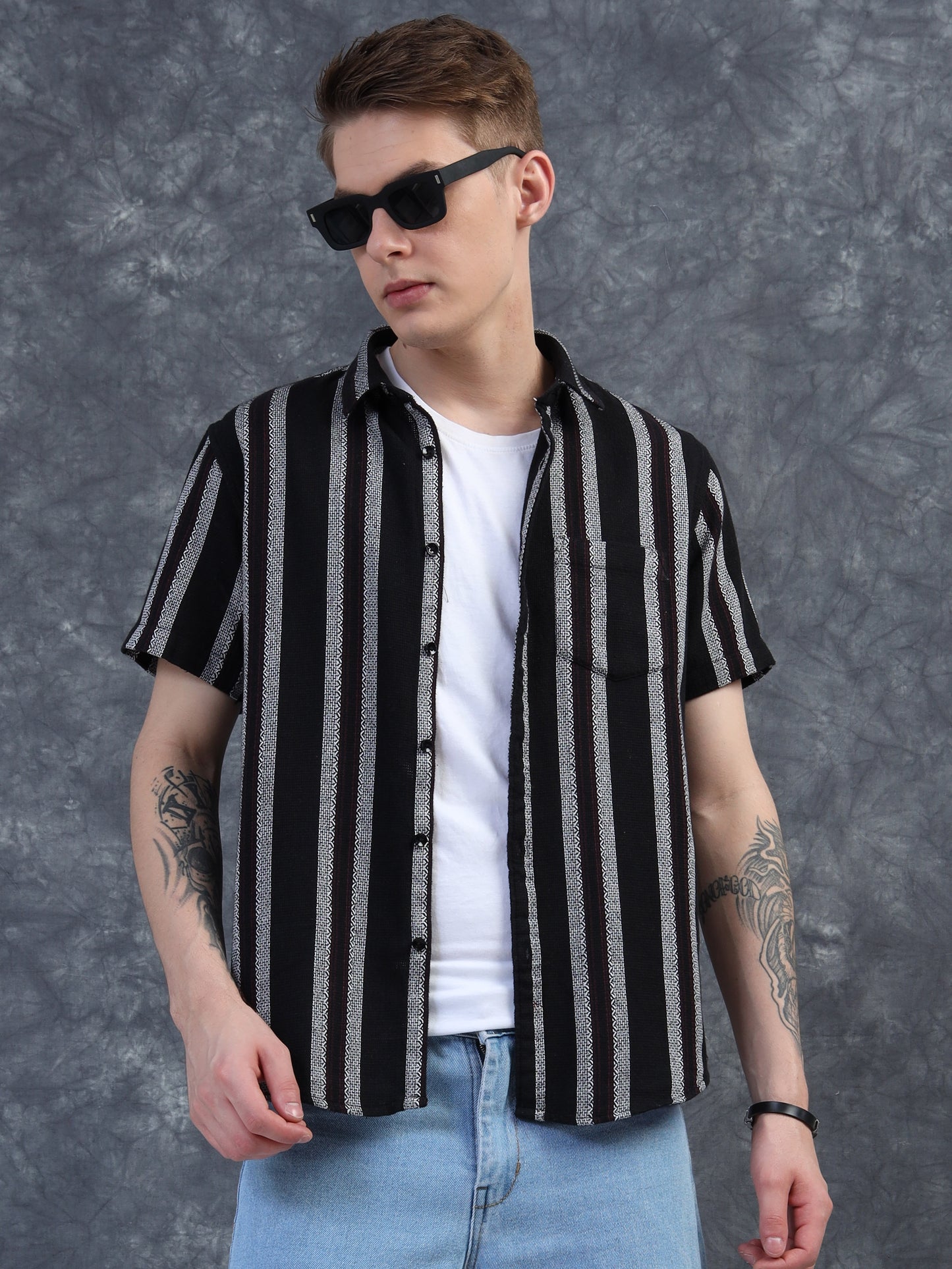 black with vertical white stripes Half Sleeve Shirt