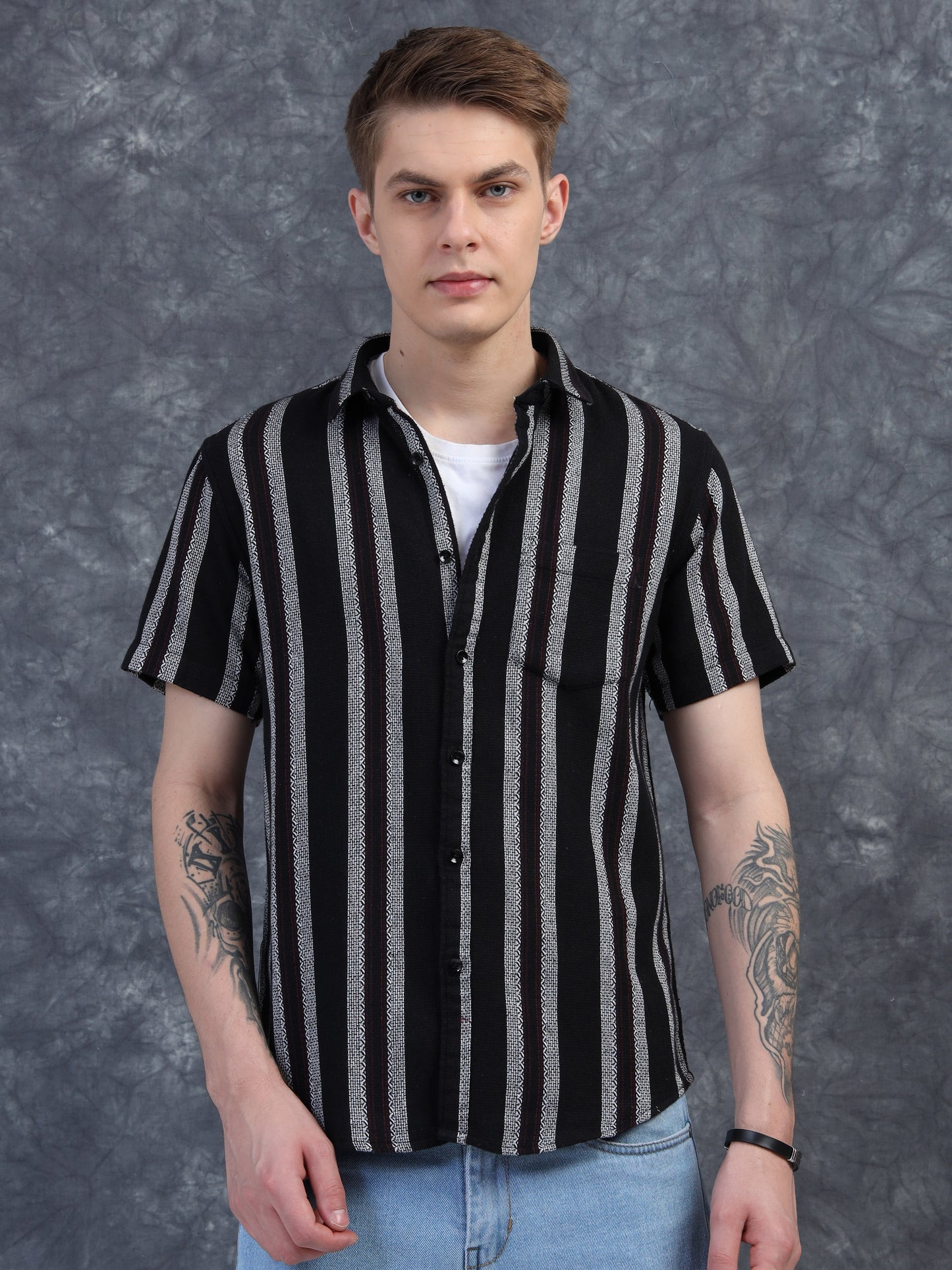 black with vertical white stripes Half Sleeve Shirt