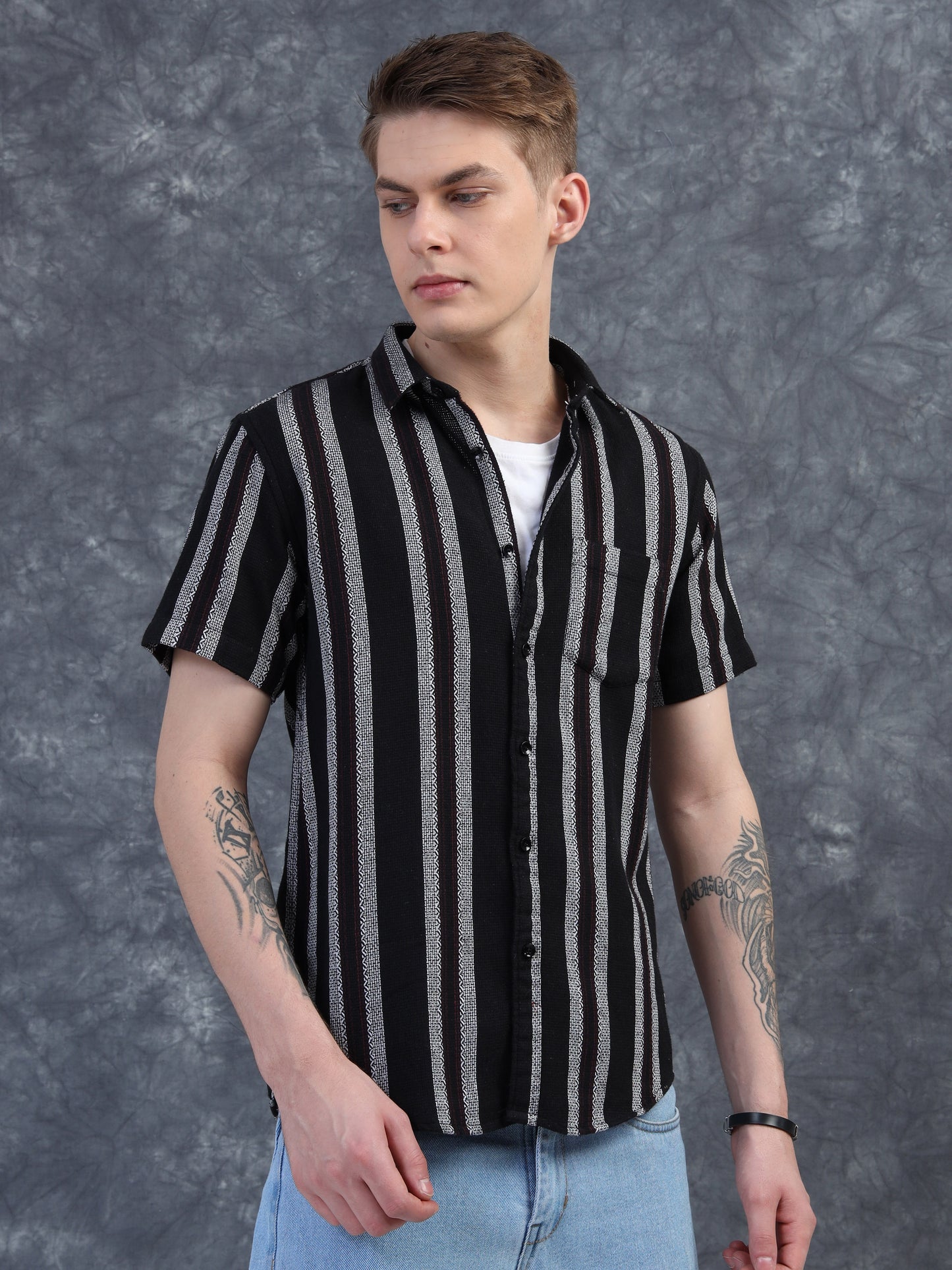 black with vertical white stripes Half Sleeve Shirt