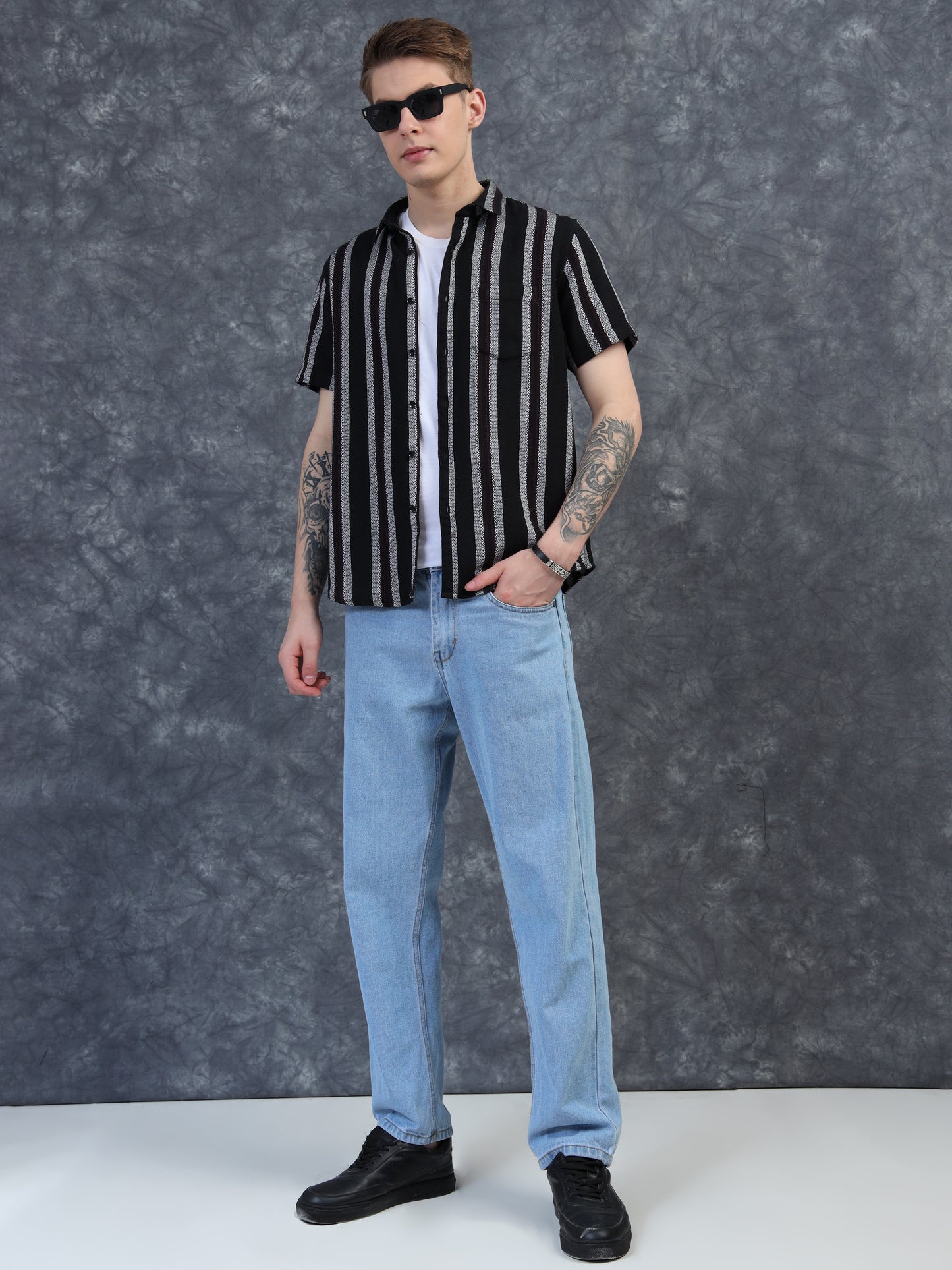black with vertical white stripes Half Sleeve Shirt