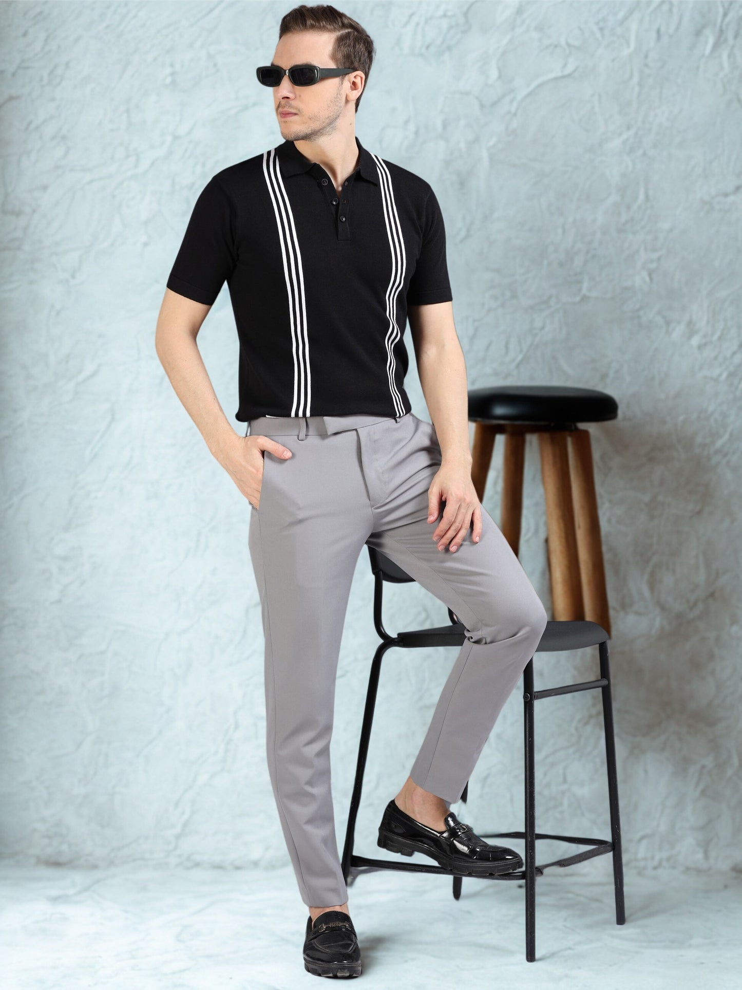 Boxy Line Design Polo T-Shirt - Black