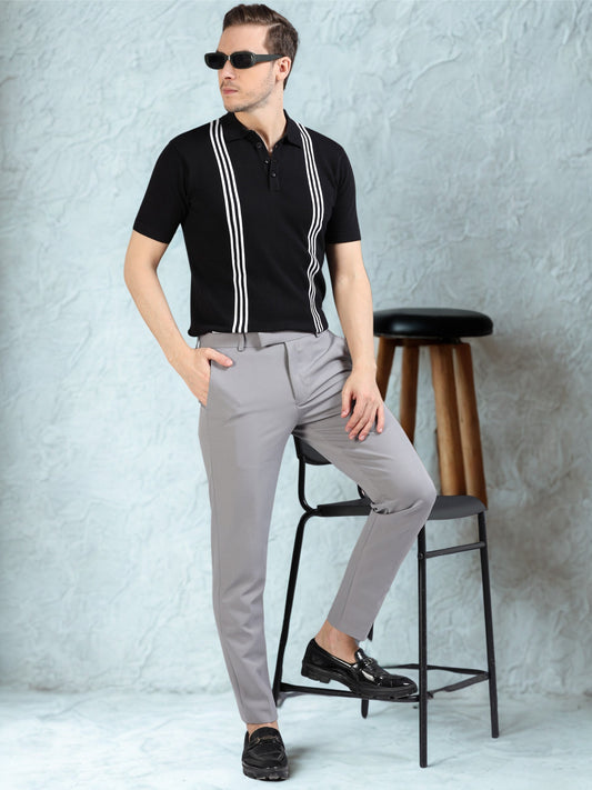 Boxy Line Design Polo T-Shirt - Black