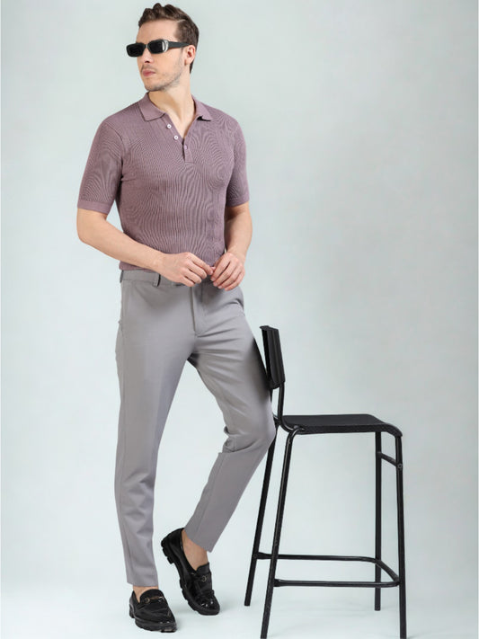 Ribbed Design Zipper Polo T-Shirt- Purple