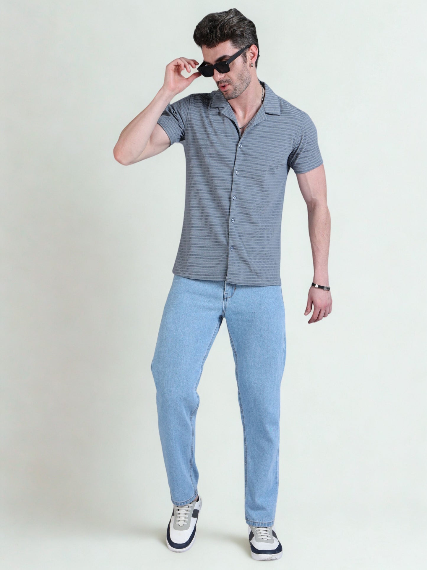 Imported Taiwan Sunset Plaid Textured Shirt -Grey