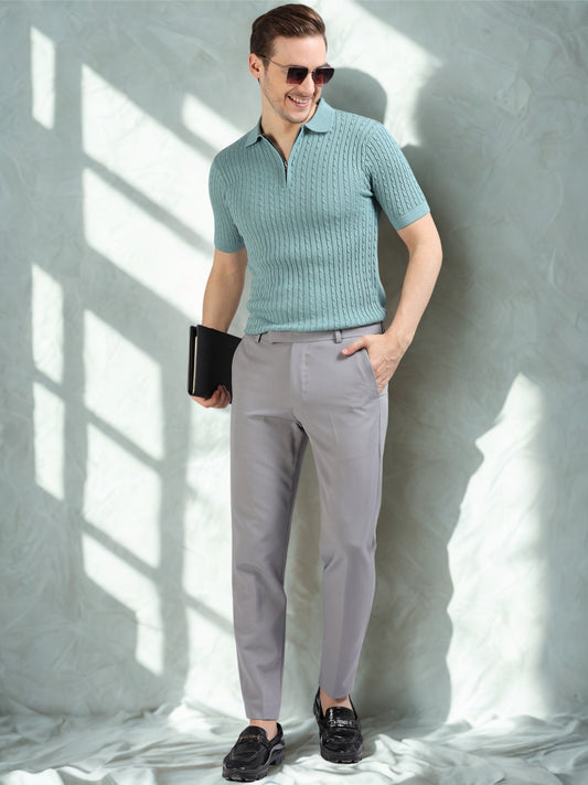 Ribbed Design Zipper Polo T-Shirt- Blue