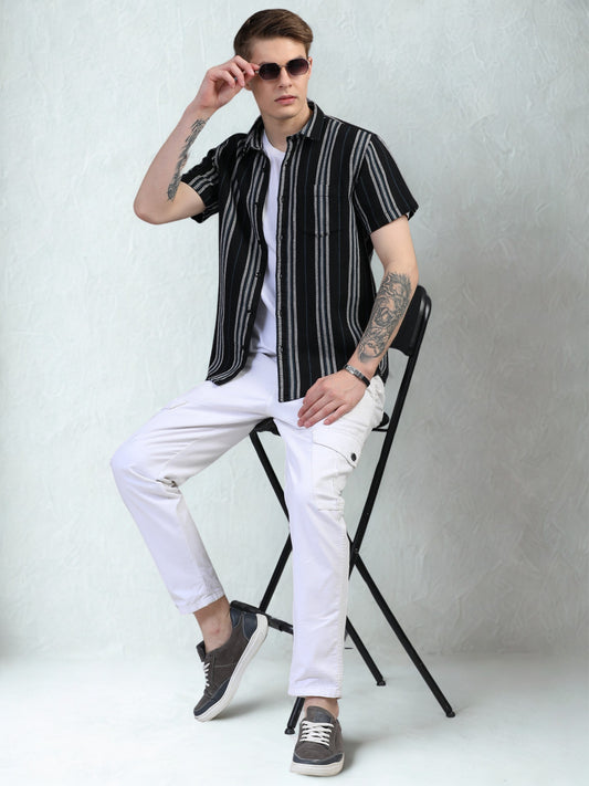 Black White Half Sleeve Stripe Shirts