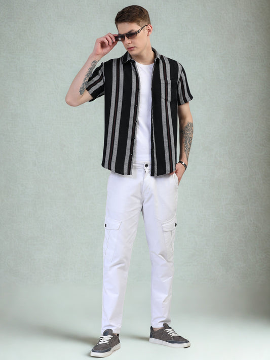 White with Maroon Half Sleeve Stripe Shirts