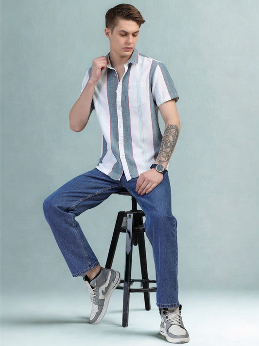 Light Blue Half Sleeve Stripe Shirts