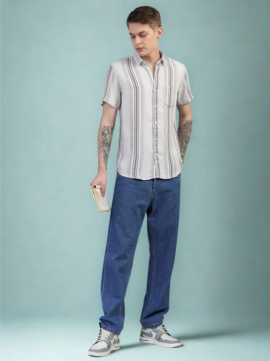 White and Burgundy Red Half Sleeve Stripe Shirts