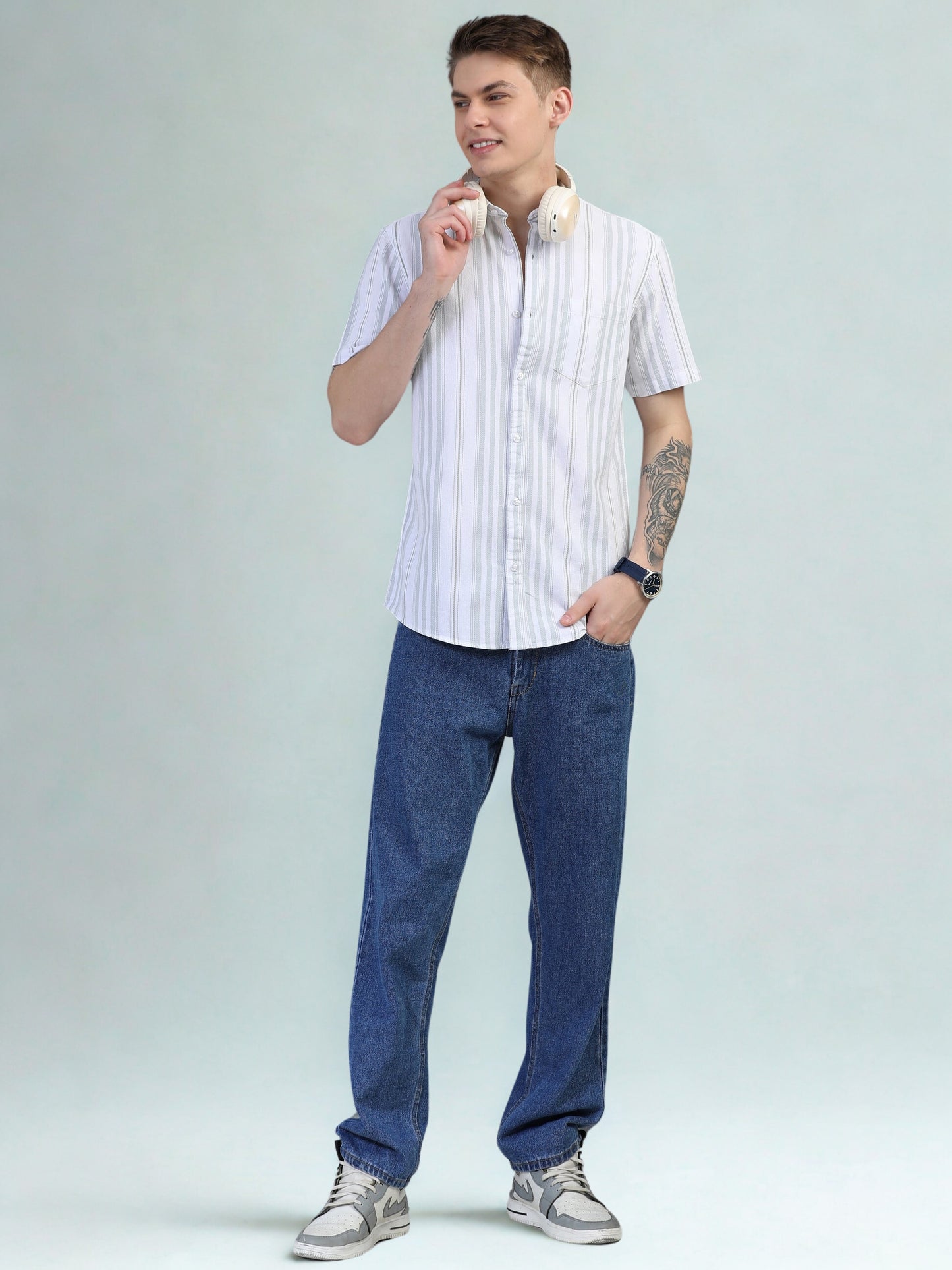 Light Green Half Sleeve Stripe Shirts