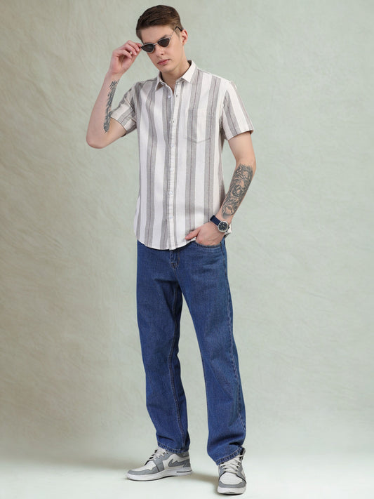 Grey and Red Mixed Half Sleeve Stripe Shirts