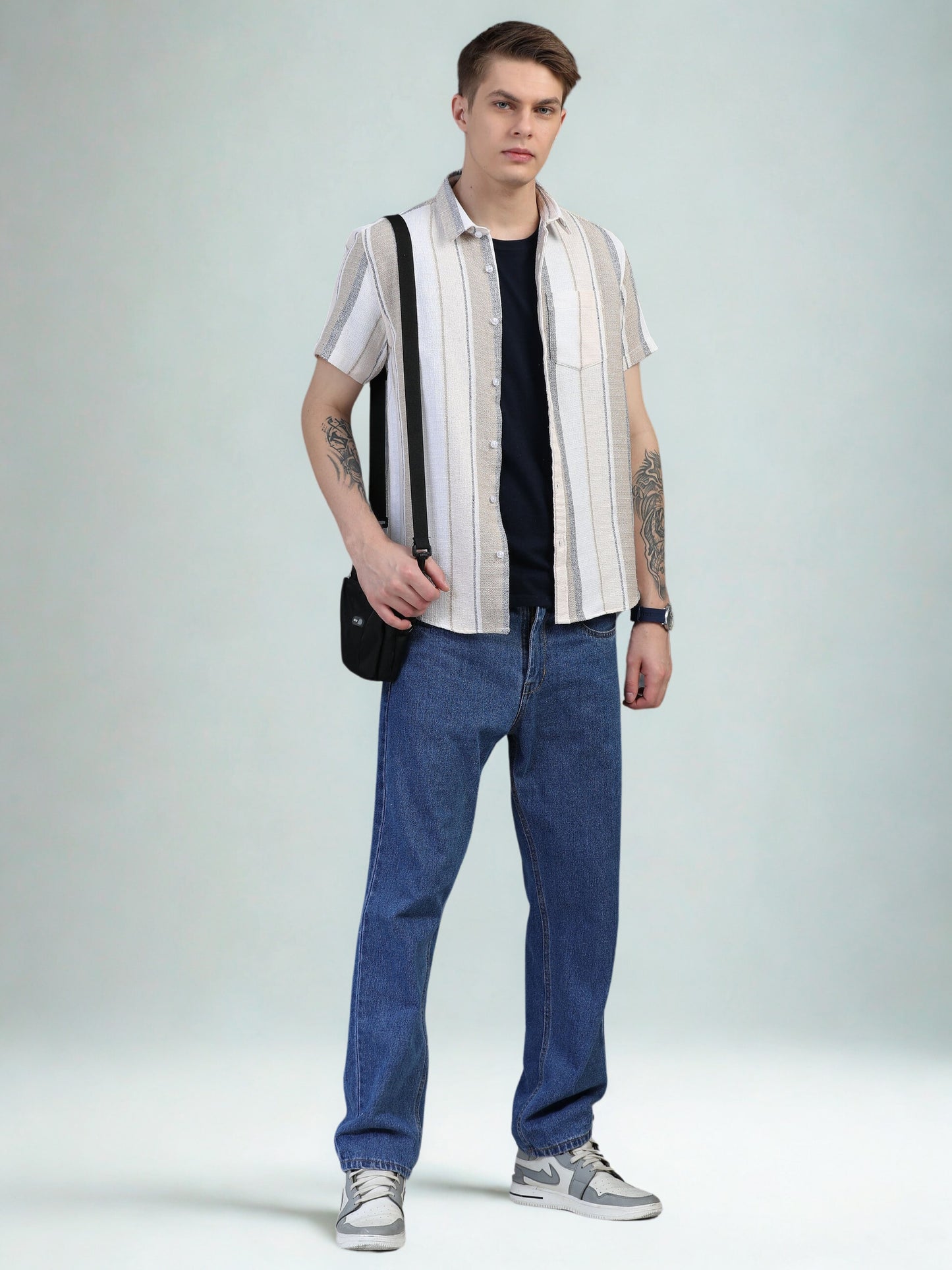 Beige and Gray Vertical Stripe Shirts