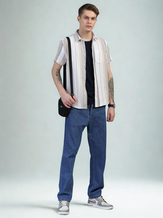 Beige and Gray Vertical Stripe Shirts