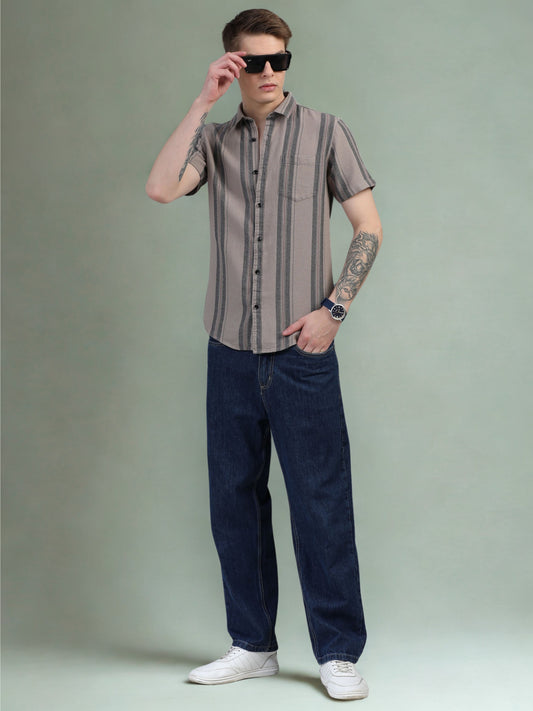 Beige with Dark Grey Vertical Stripe Shirts