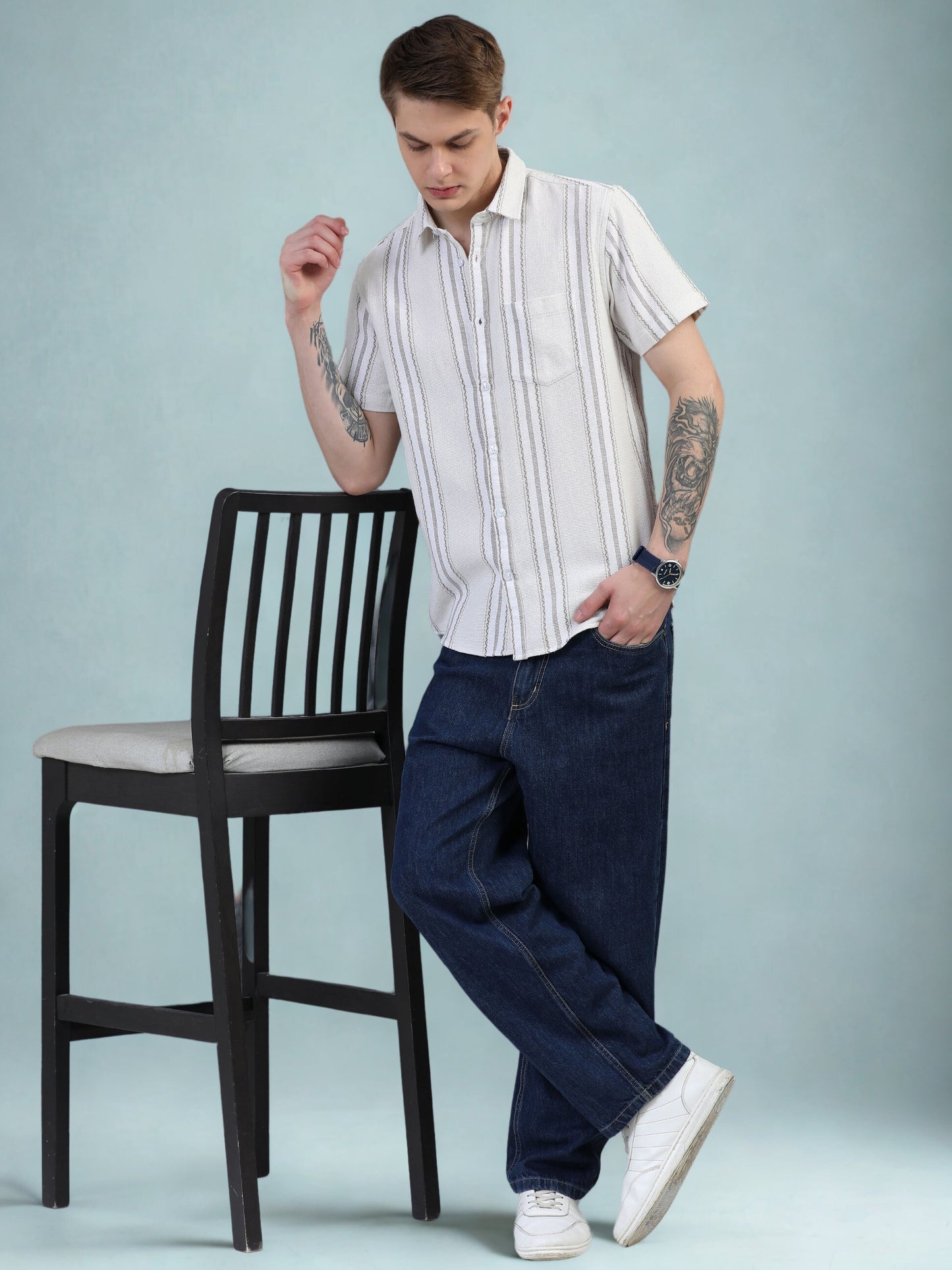 White with Thin Gray Striped Shirt