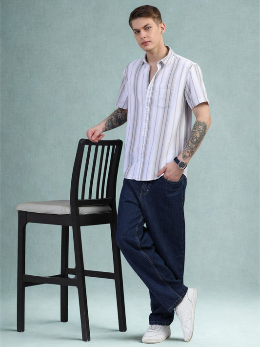 Grey and Thin Green Striped Shirt