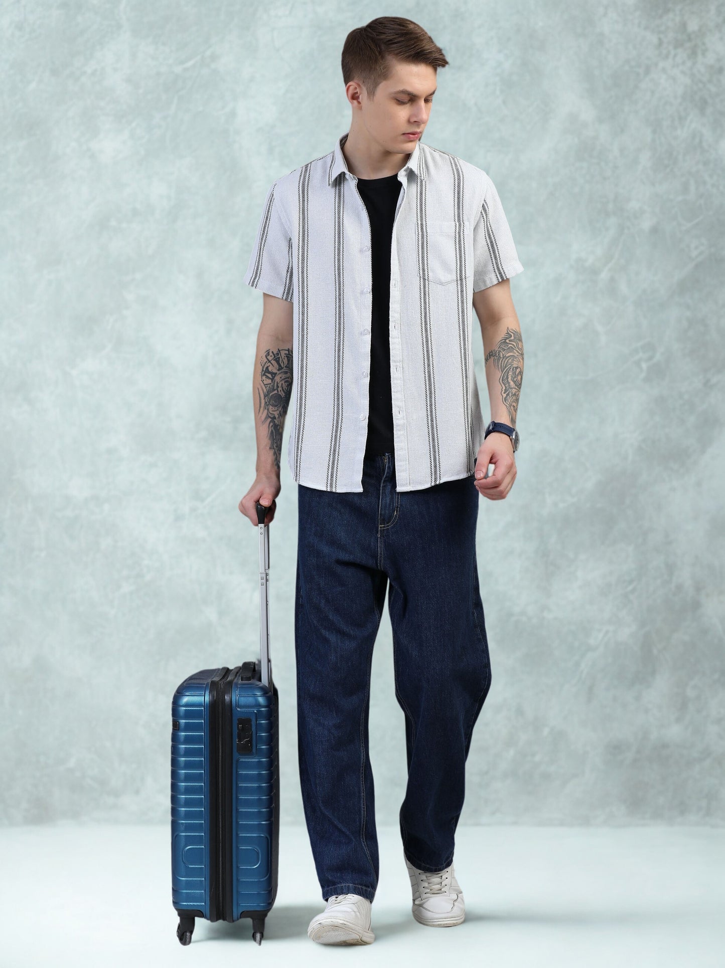 White with Thin Dark Grey Striped Shirt
