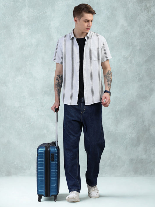 White with Thin Dark Grey Striped Shirt