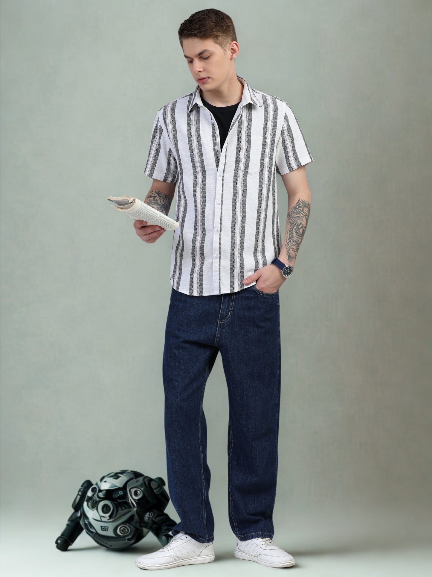 White with Thin Dark Grey Striped Shirt
