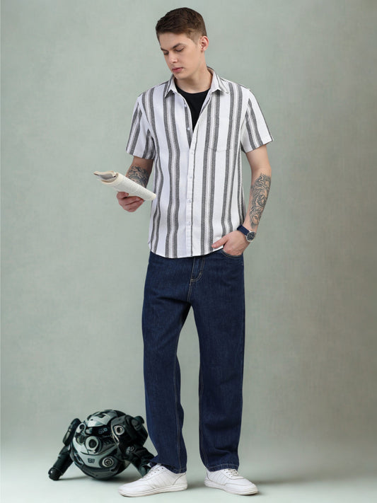 White with Thin Dark Grey Striped Shirt