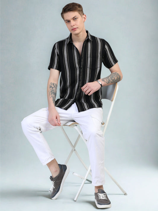 Black Regular Fit Striped Shirt