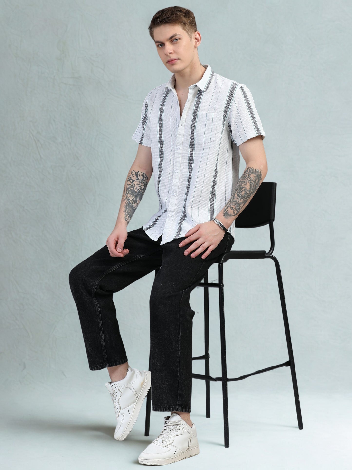 White and Black Structured Striped Shirt