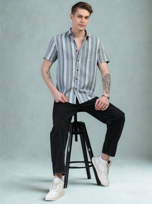 Muted Green and  Medium Grey Stripes Half Sleeves Shirt