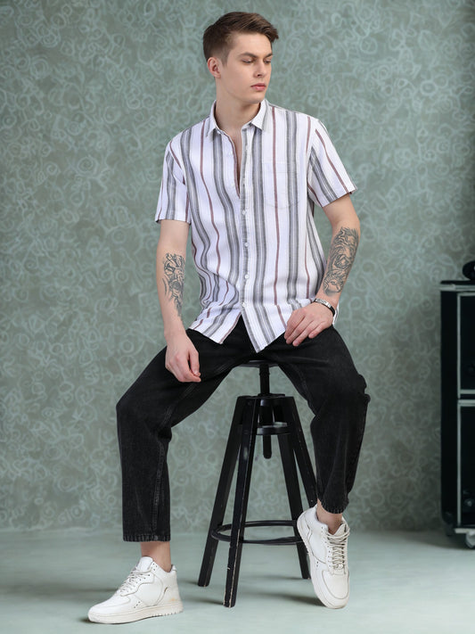 Brown Stripes Half Sleeves Shirt