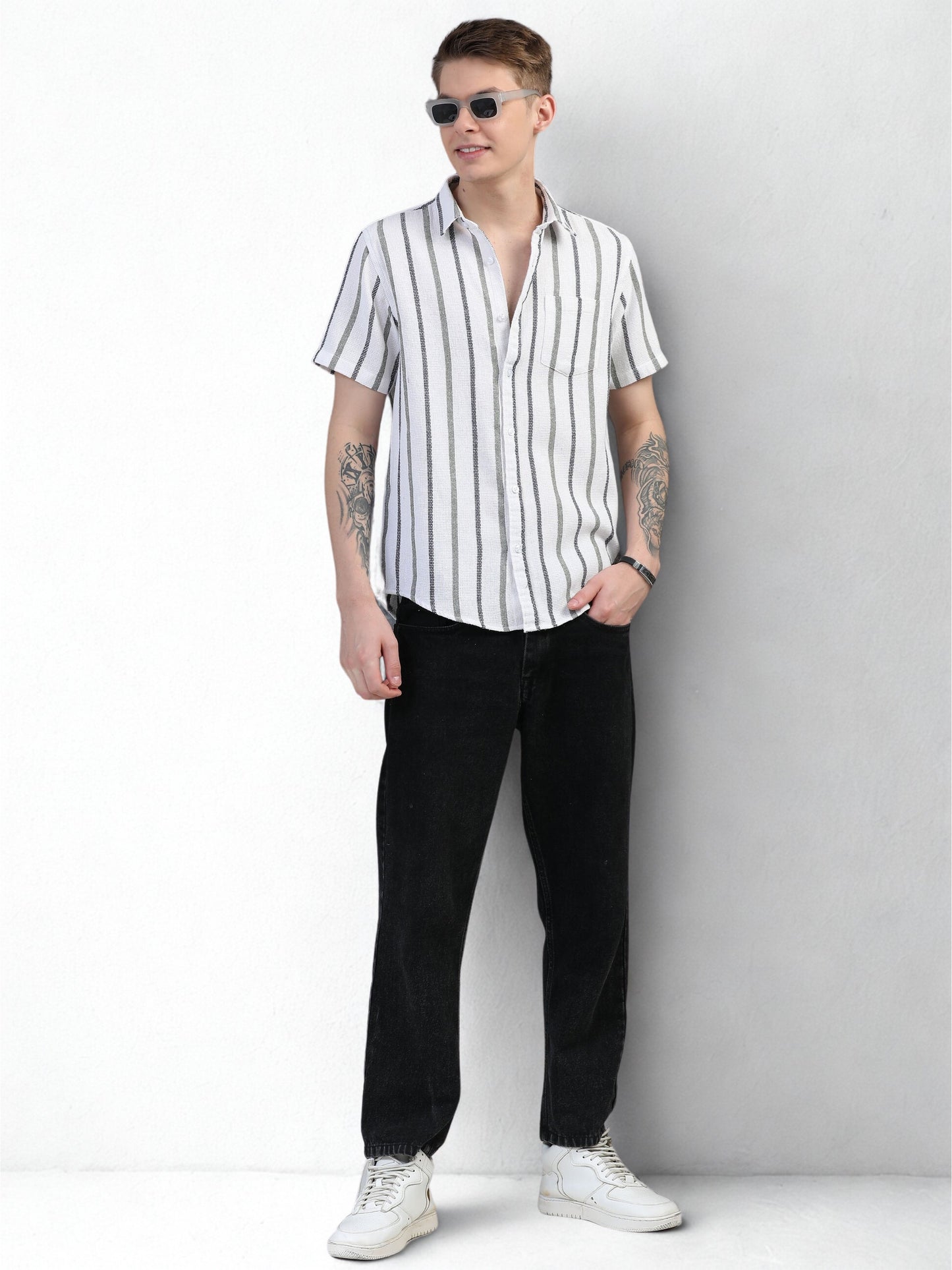 Black and  Grey Stripes Half Sleeves Shirt