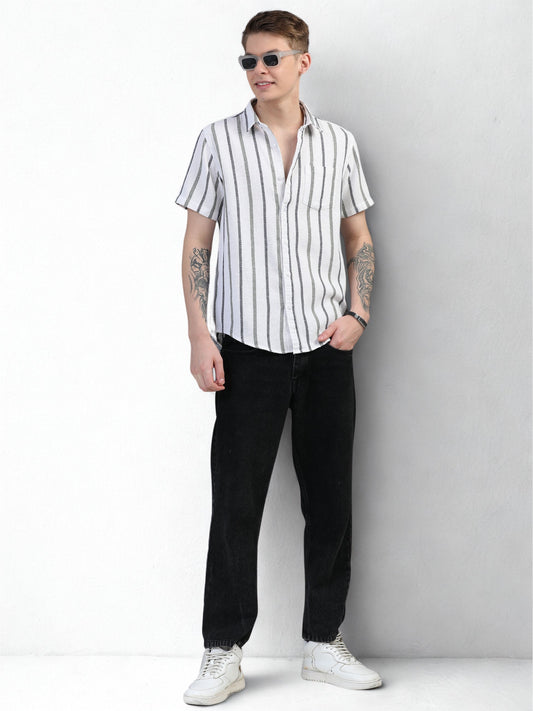 Black and  Grey Stripes Half Sleeves Shirt