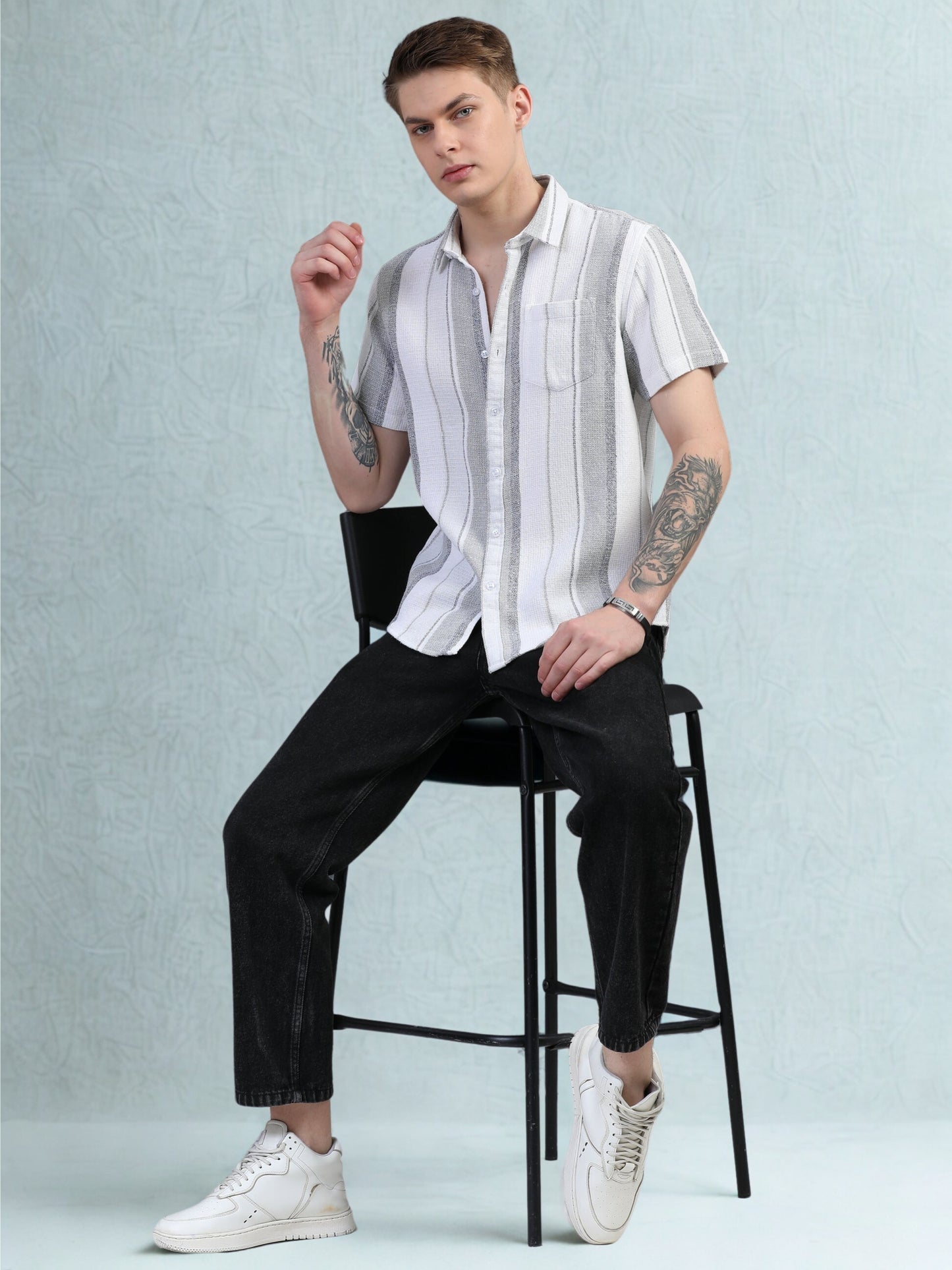 Stone Grey Stripes Half Sleeves Shirt