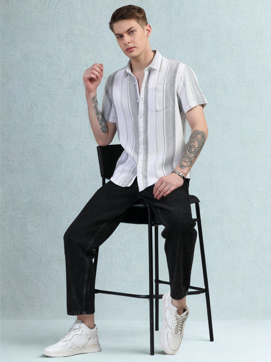 Stone Grey Stripes Half Sleeves Shirt