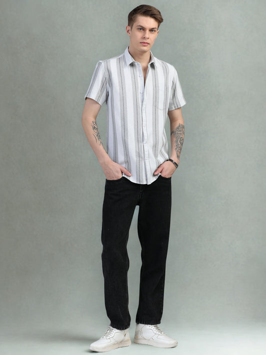 White and Grey Stripes Half Sleeve Shirt