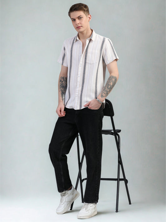 Gray and Brown Stripes Half Sleeve Shirt
