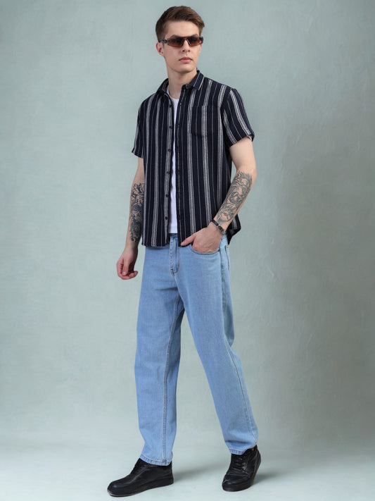 black striped short-sleeve shirt
