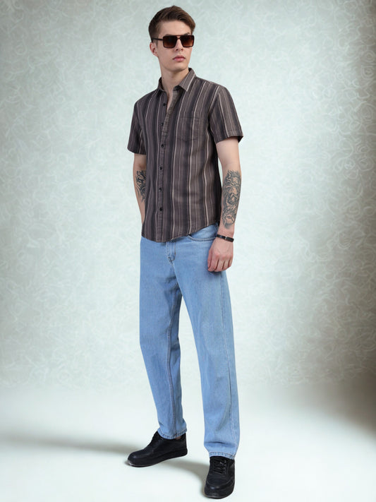 beige Strips Cotton Half Sleeve Shirt