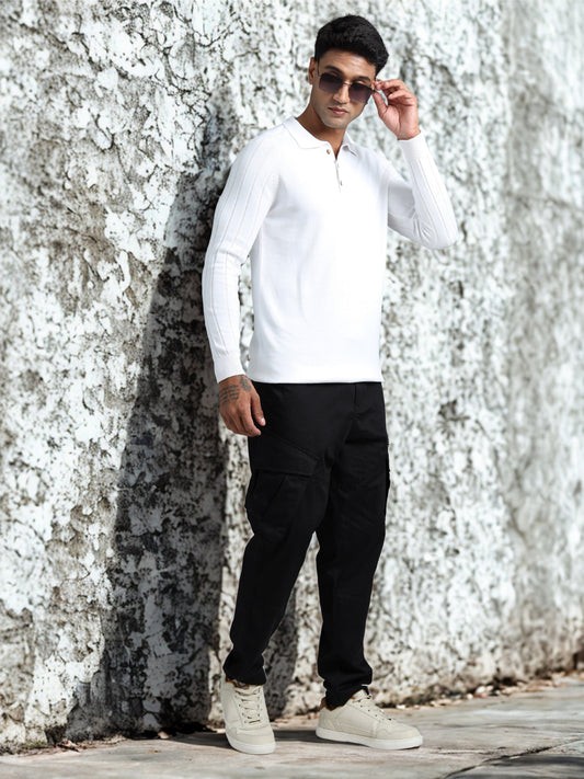 White Polo Full Sleeve Knitted T-Shirt