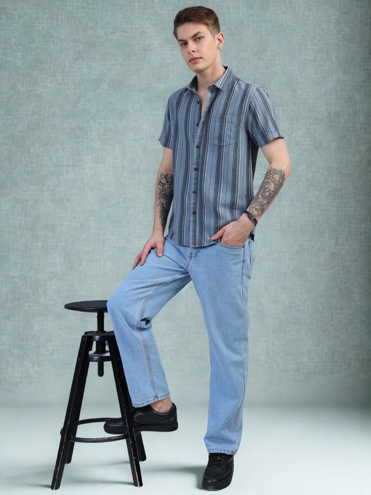 Blue Strips Cotton Half Sleeve Shirt