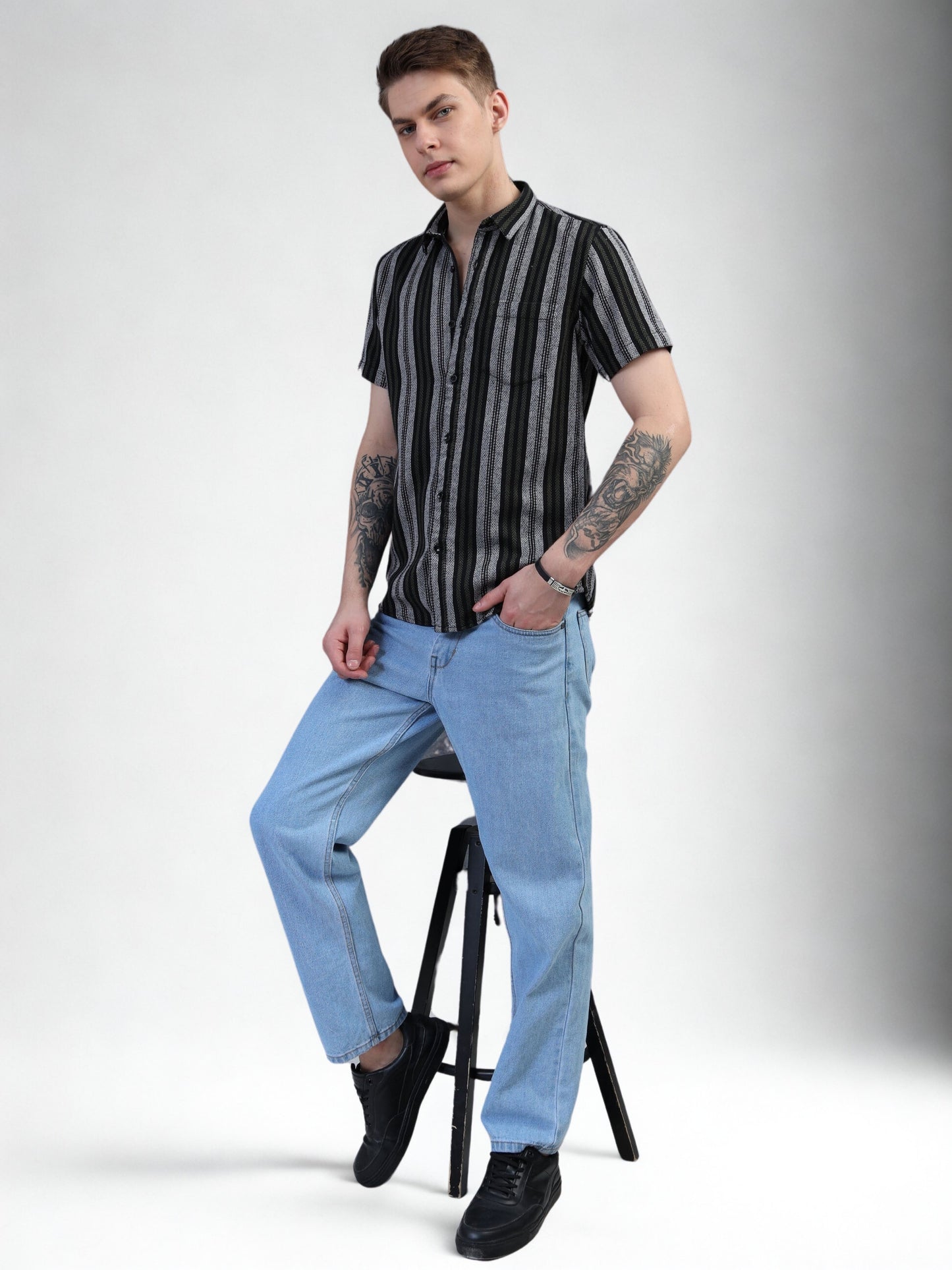 Black and White Striped Half Sleeve Shirt