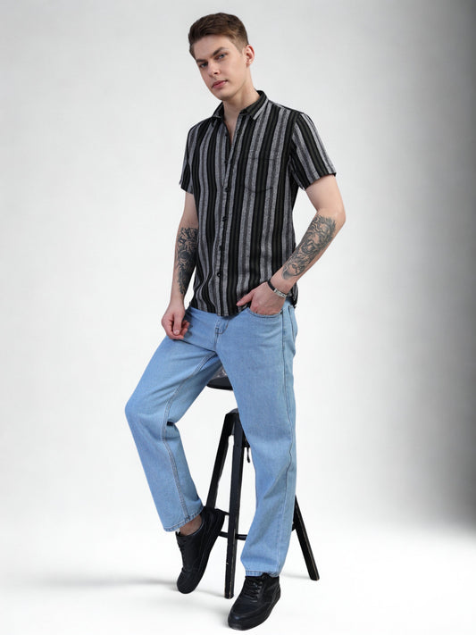 Black and White Striped Half Sleeve Shirt